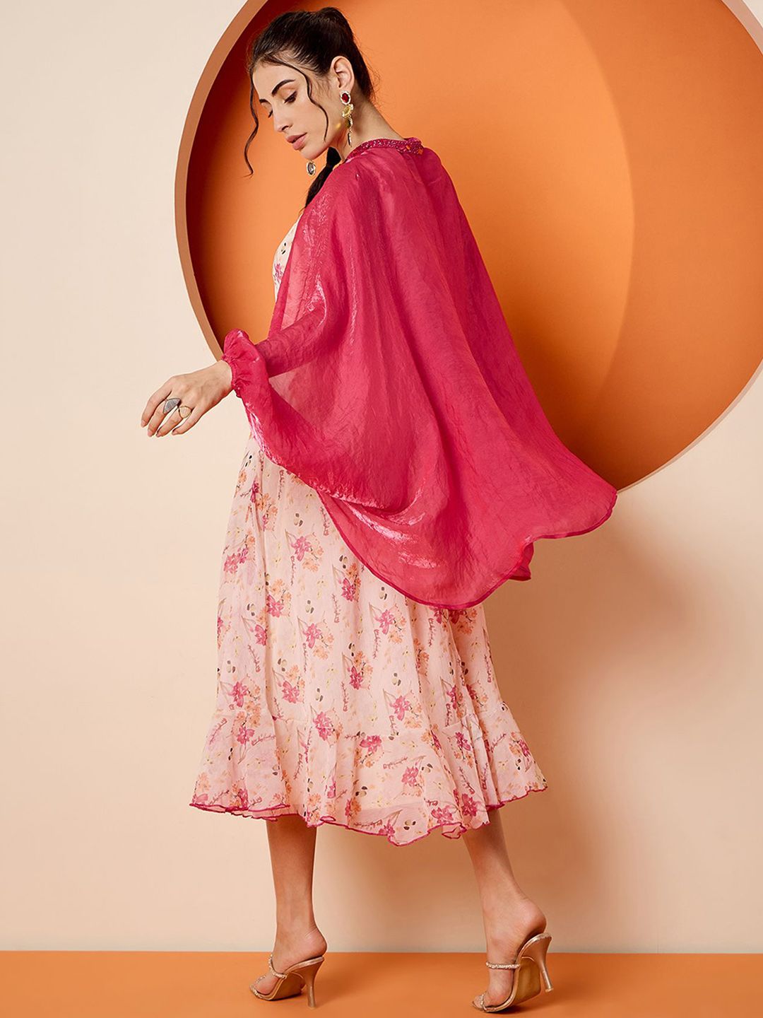 Antheaa Floral Printed A-Line Midi Dress and Embellished Shrug