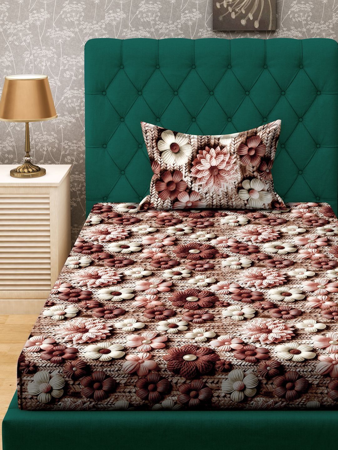 Myntra Elegant Brown Floral Printed Dilengkapi 300 TC Single Cadar 7D & 1 Sarung Bantal
