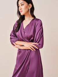 AND Women Solid V-Neck Puff Sleeve Wrap Midi Dress