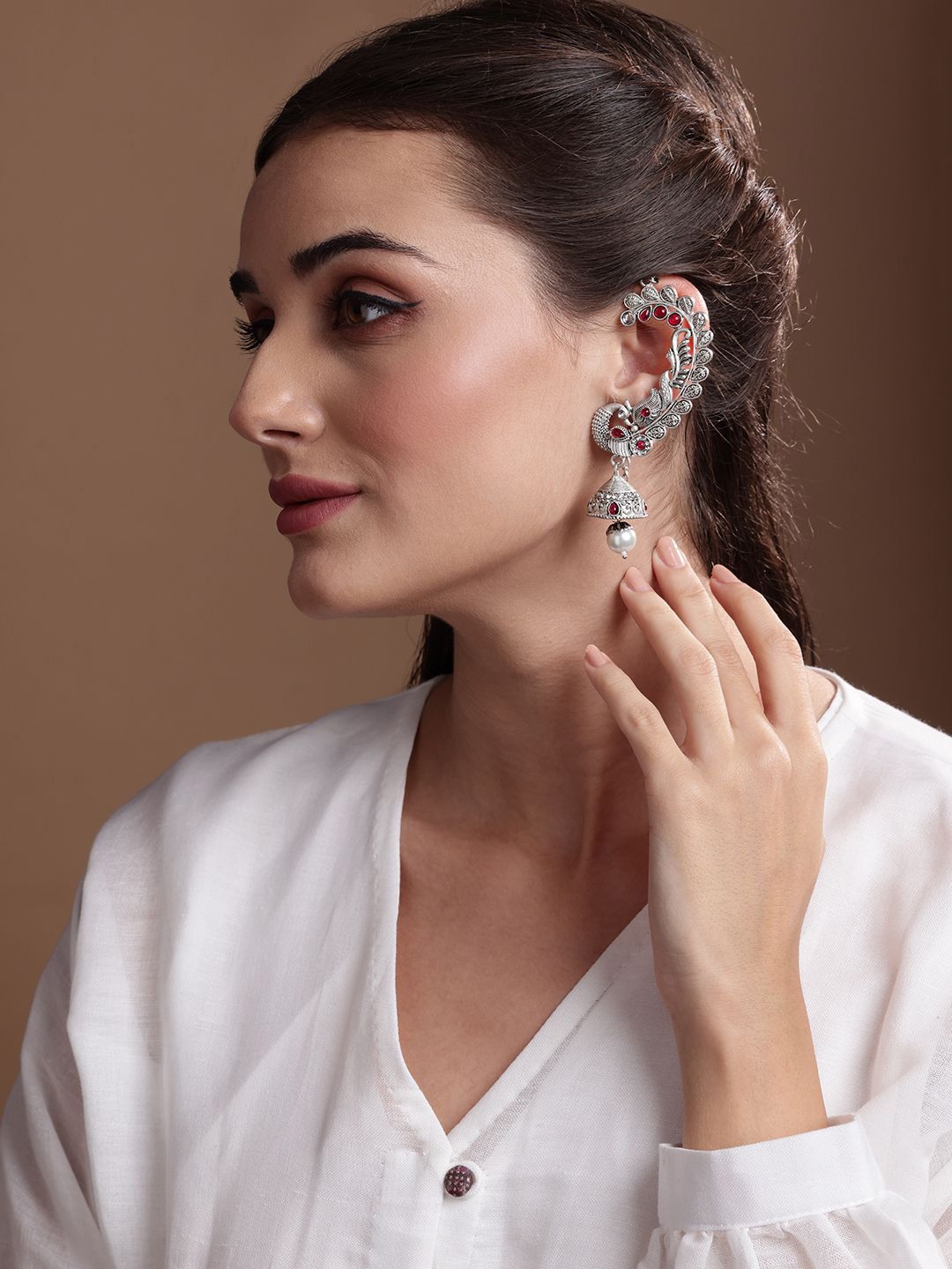 PANASH Silver Plated Kundan Studded Peacock Shaped Ear Cuffs Jhumka Earrings