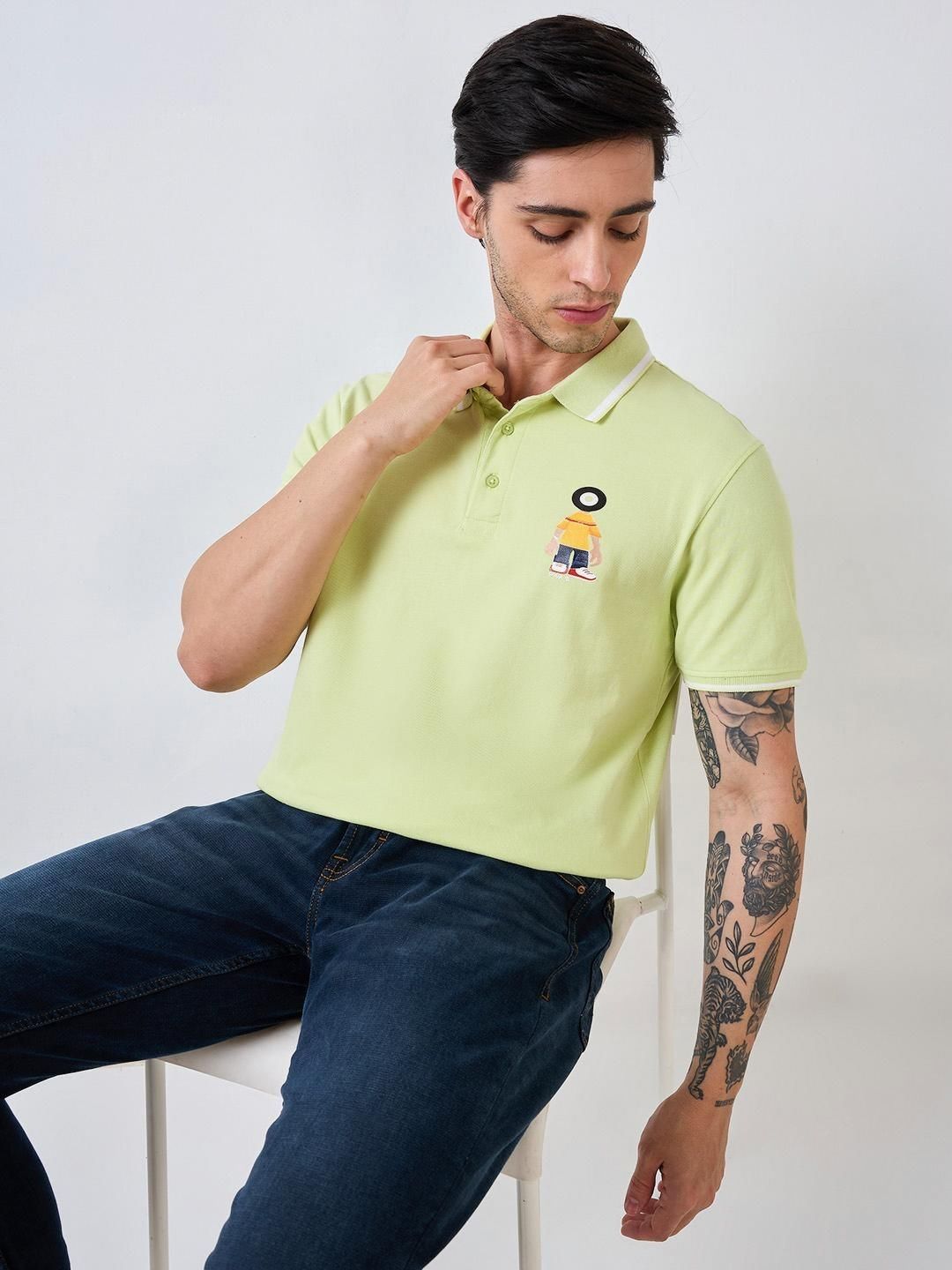 SPYKAR Men Graphic Printed Polo Collar Cotton Slim Fit T-shirt
