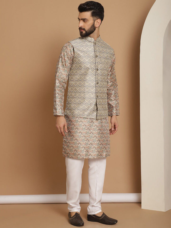 Anouk Beige Woven Design Striped Regular Straight Kurta With Churidar