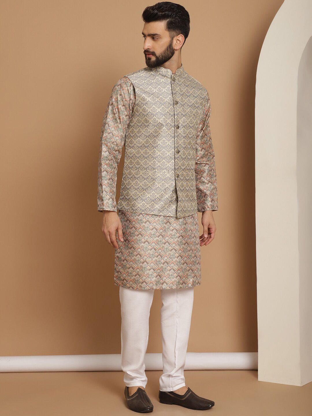 Anouk Beige Woven Design Striped Regular Straight Kurta With Churidar
