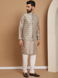 Anouk Beige Woven Design Striped Regular Straight Kurta With Churidar