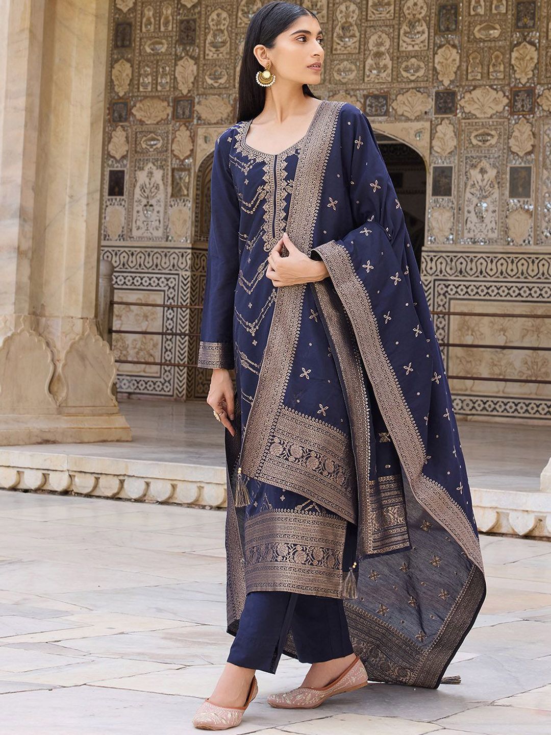 KALINI Ethnic Motifs Woven Design Kurta With Trousers & Dupatta