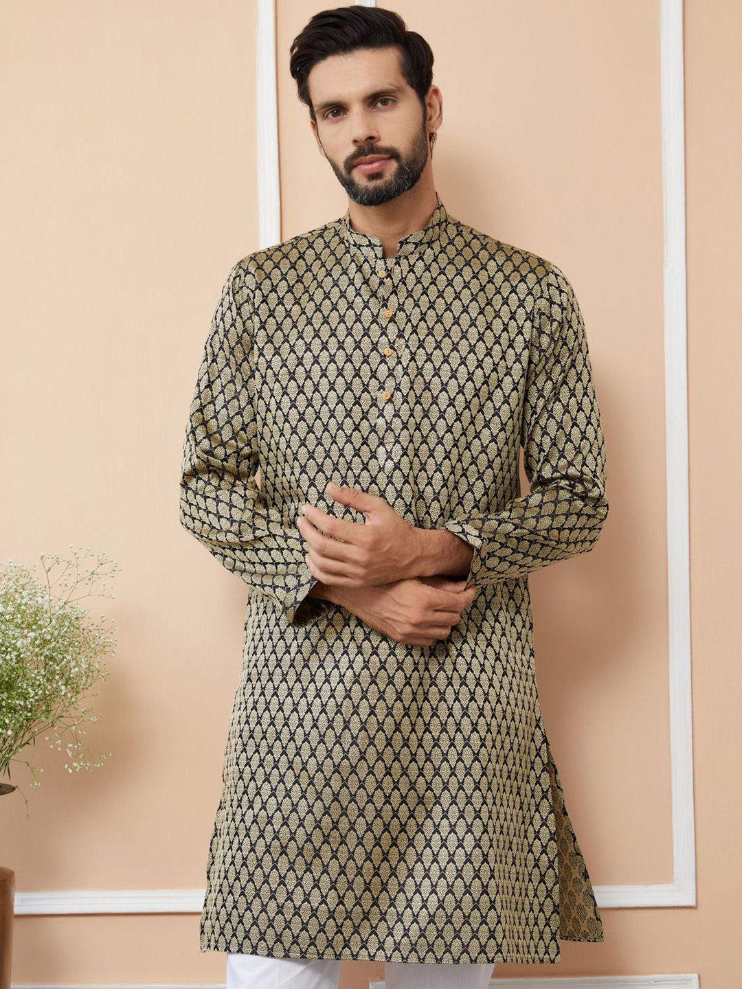 See Designs Ethnic Motifs Printed Mandarin Collar Jacquard Silk Straight Kurta