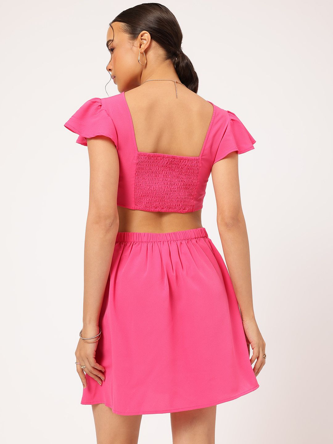 DressBerry Barbiecore Ruffled & Smocked Cut-out A-line Mini Dress
