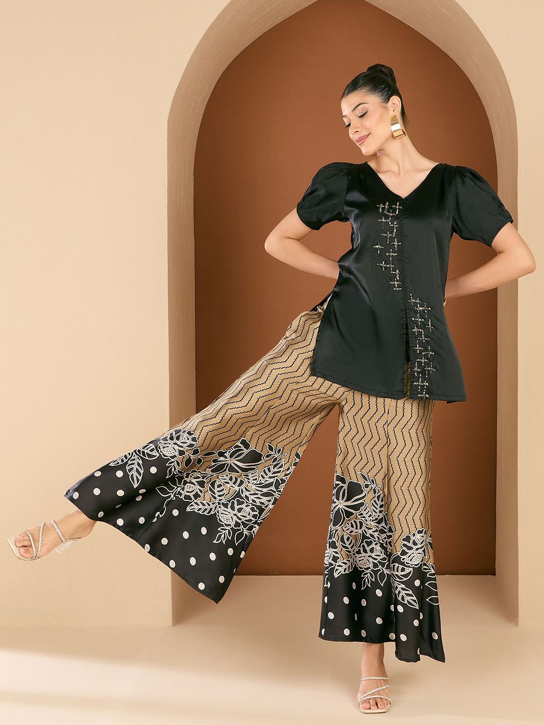 Antheaa Embellished V-Neck Top With Palazzos Co-Ords