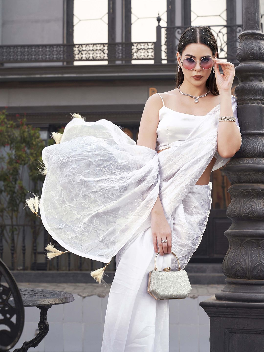 Tikhi Imli Crushed Pallu Half and Half Organza Saree