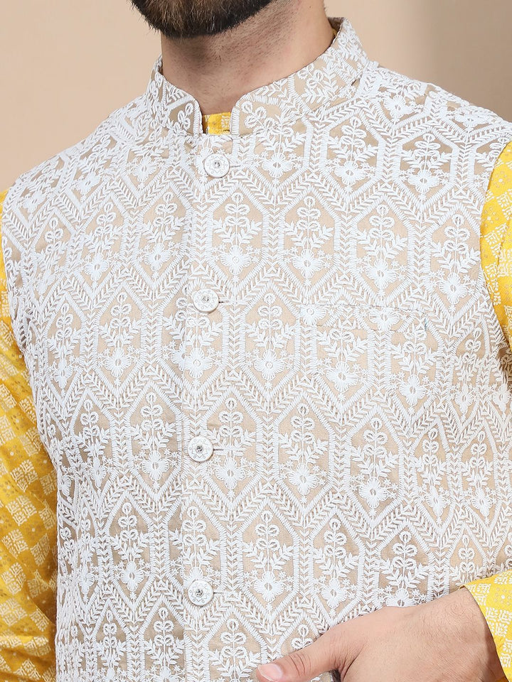 Anouk Floral Printed Regular Straight Kurta With Churidar & Nehru Jacket