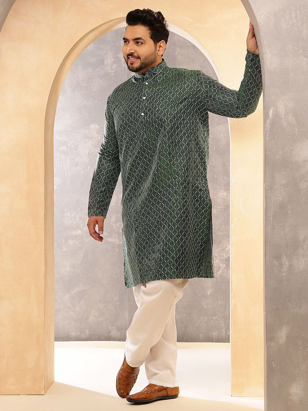 SOJANYA PLUS Kurta Lurus Kolar Mandarin Bercetak Geometrik