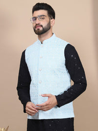 Anouk Black Floral Sulam Labuci Kapas Lurus Kurta & Jaket Churidar & Nehru