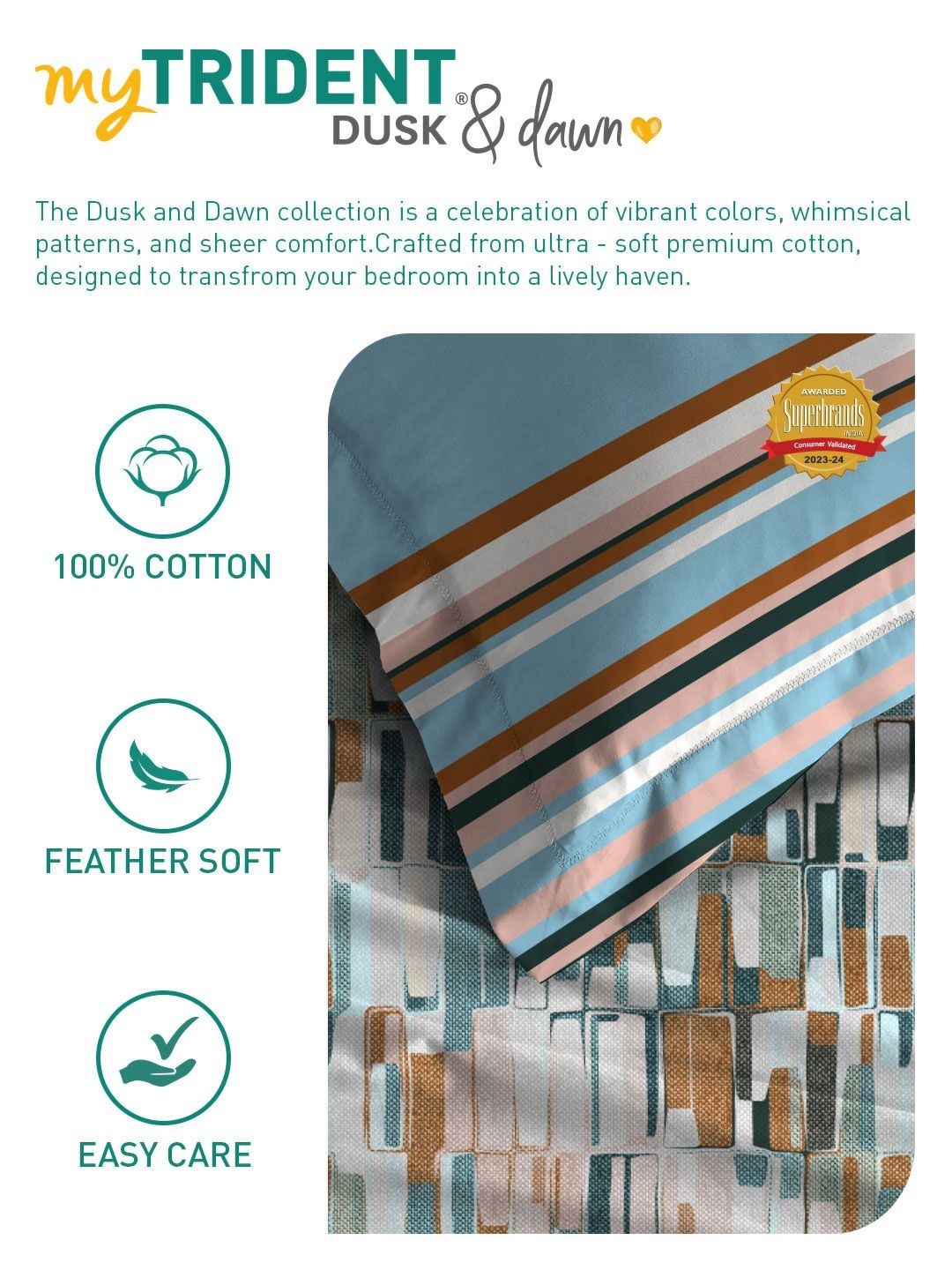MYTRIDENT Crossroads Blue Dusk & Dawn Flat 144TC Queen Cotton Bedsheet Set