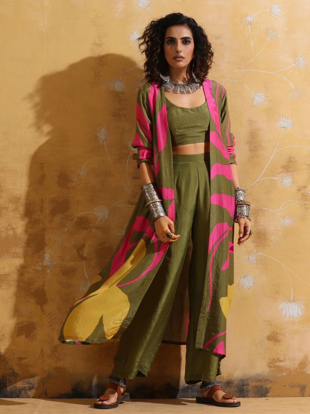 trueBrowns Printed Muslin Silk Top Jacket With Trousers Co-Ords