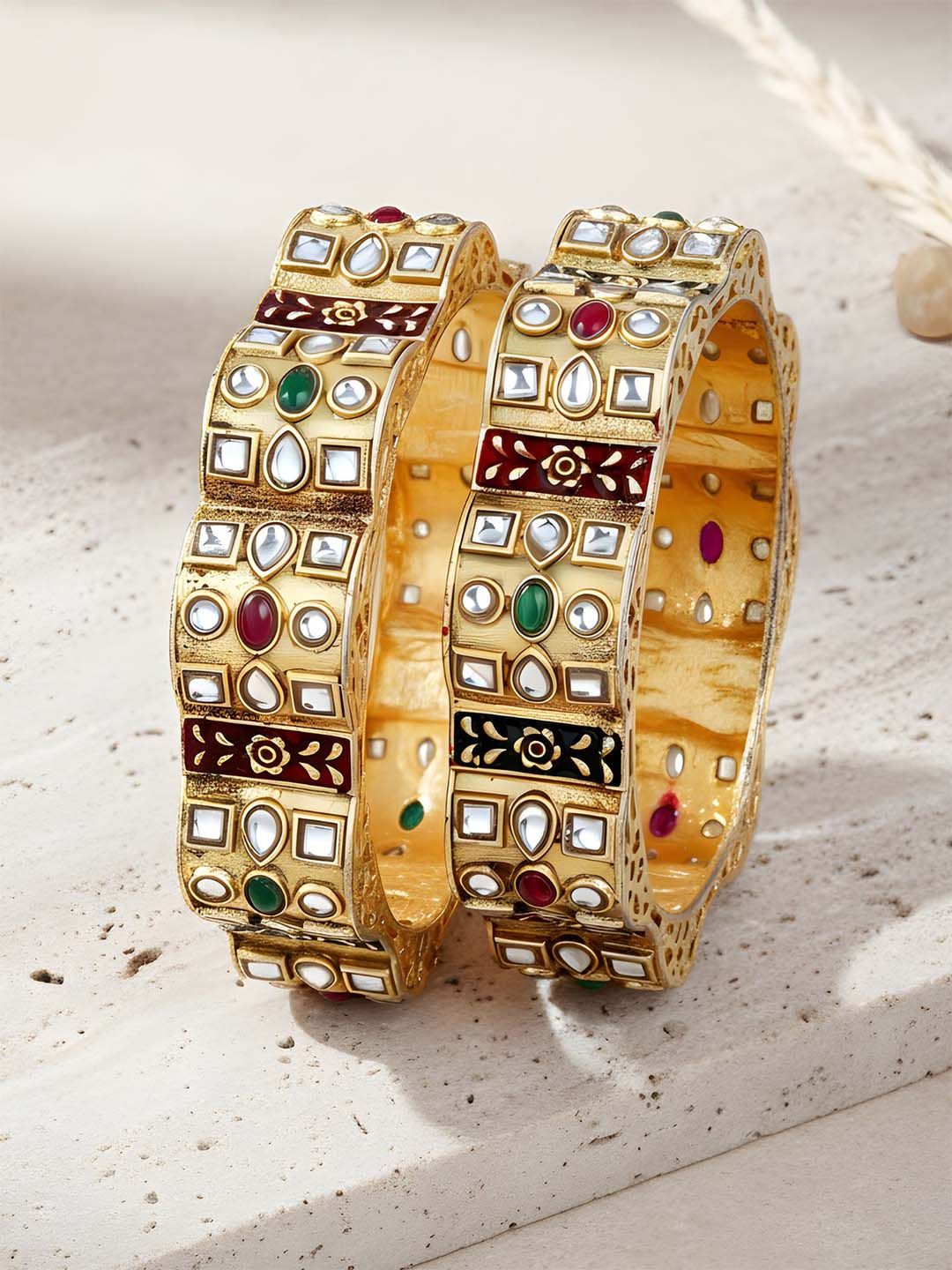 KARATCART Set Of 2 Gold-Plated Kundan Studded Bangles