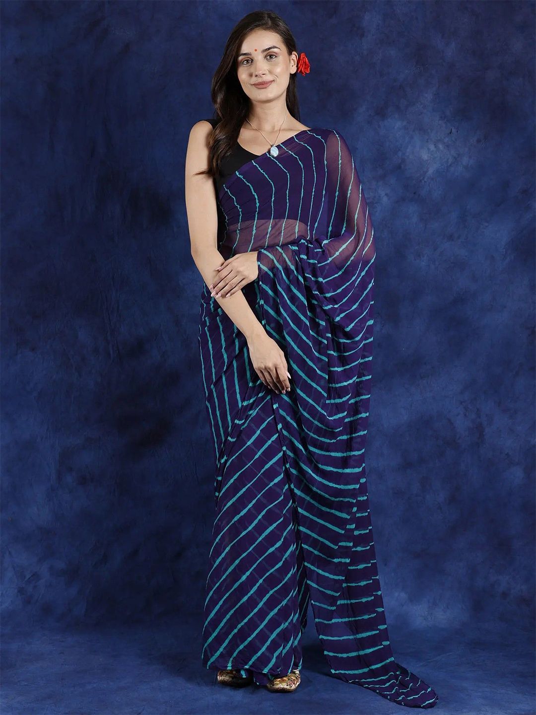 Exotic India Violet Indigo Leharia Tie-Dye Chiffon Saree