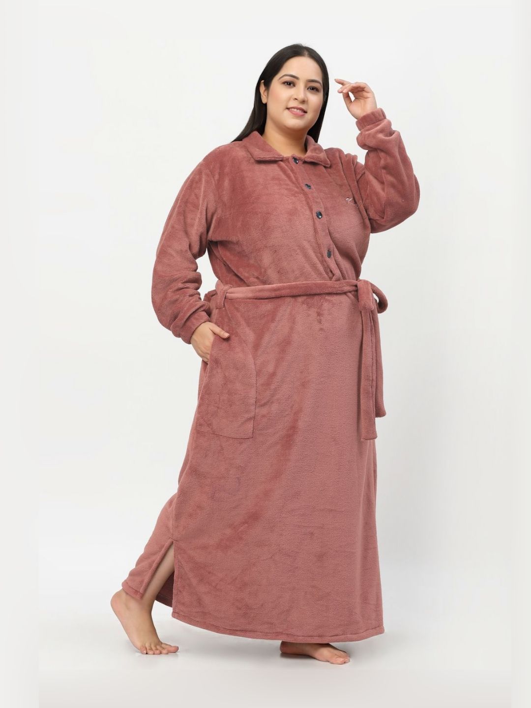 KLOTTHE Plus Size Rust Woollen Bath Robe With Belt