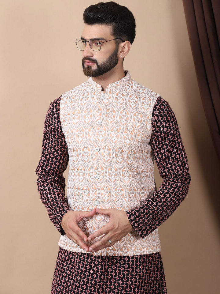 Anouk Coral Floral Embroidered Sequinned Pure Cotton Kurta with Churidar & Nehru Jacket