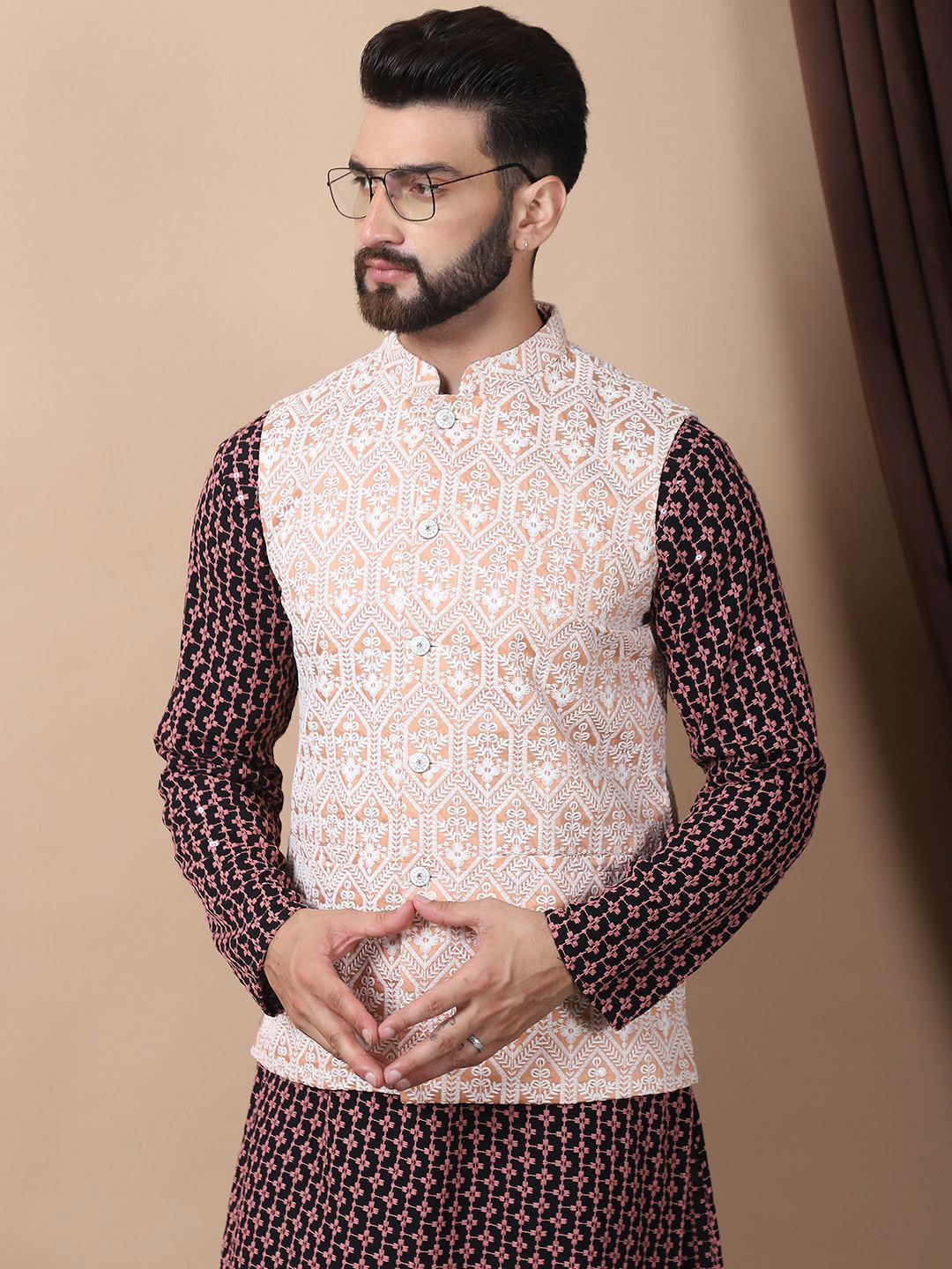Anouk Coral Floral Embroidered Sequinned Pure Cotton Kurta with Churidar & Nehru Jacket