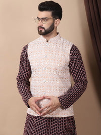 Anouk Coral Floral Embroidered Sequinned Pure Cotton Kurta with Churidar & Nehru Jacket