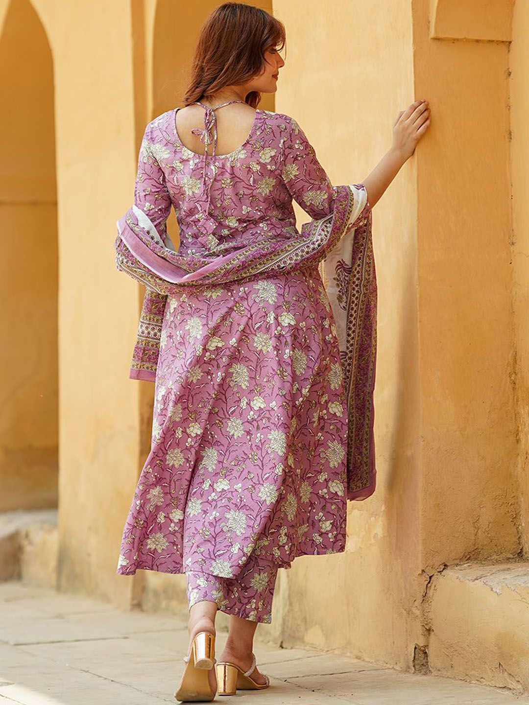 KALINI Floral Printed Regular Pure Cotton Anarkali Kurta with Trousers & Dupatta