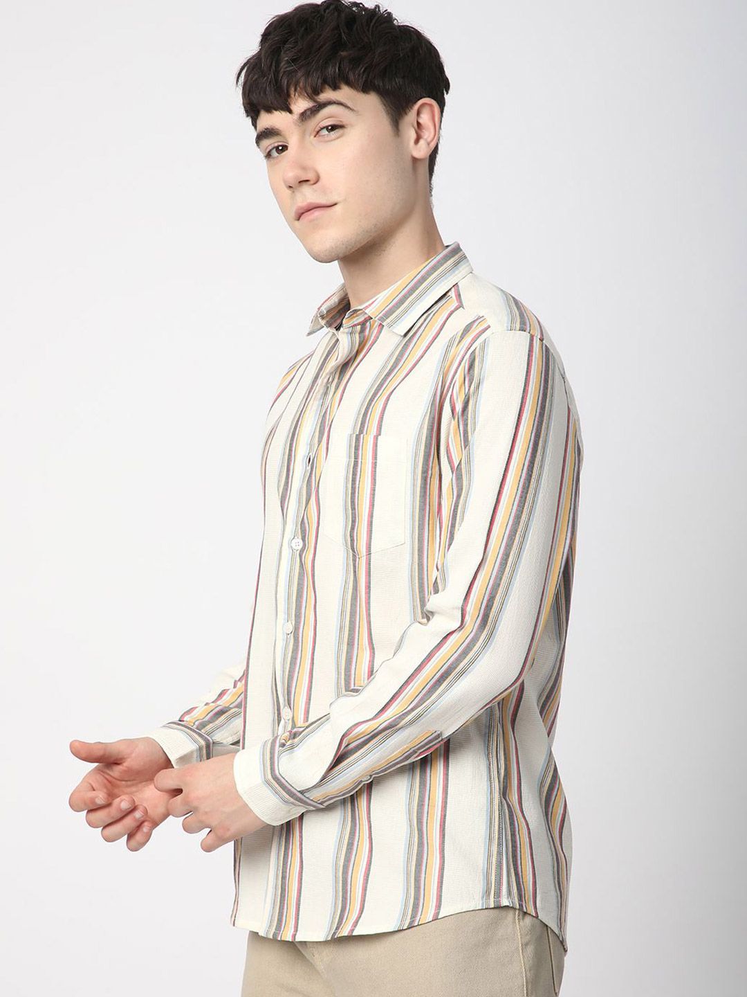 VASTRADO Men Classic Fit Spread Collar Vertical Striped Cotton Casual Shirt
