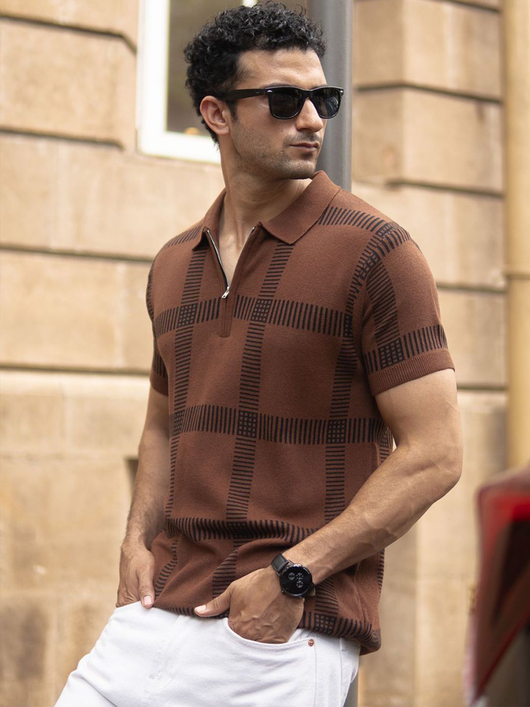 Powerlook Men Checked Knitted Polo Collar T-shirt