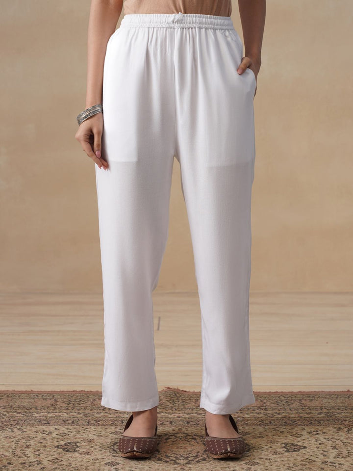 House of Chikankari Women White Rayon Solid Pant