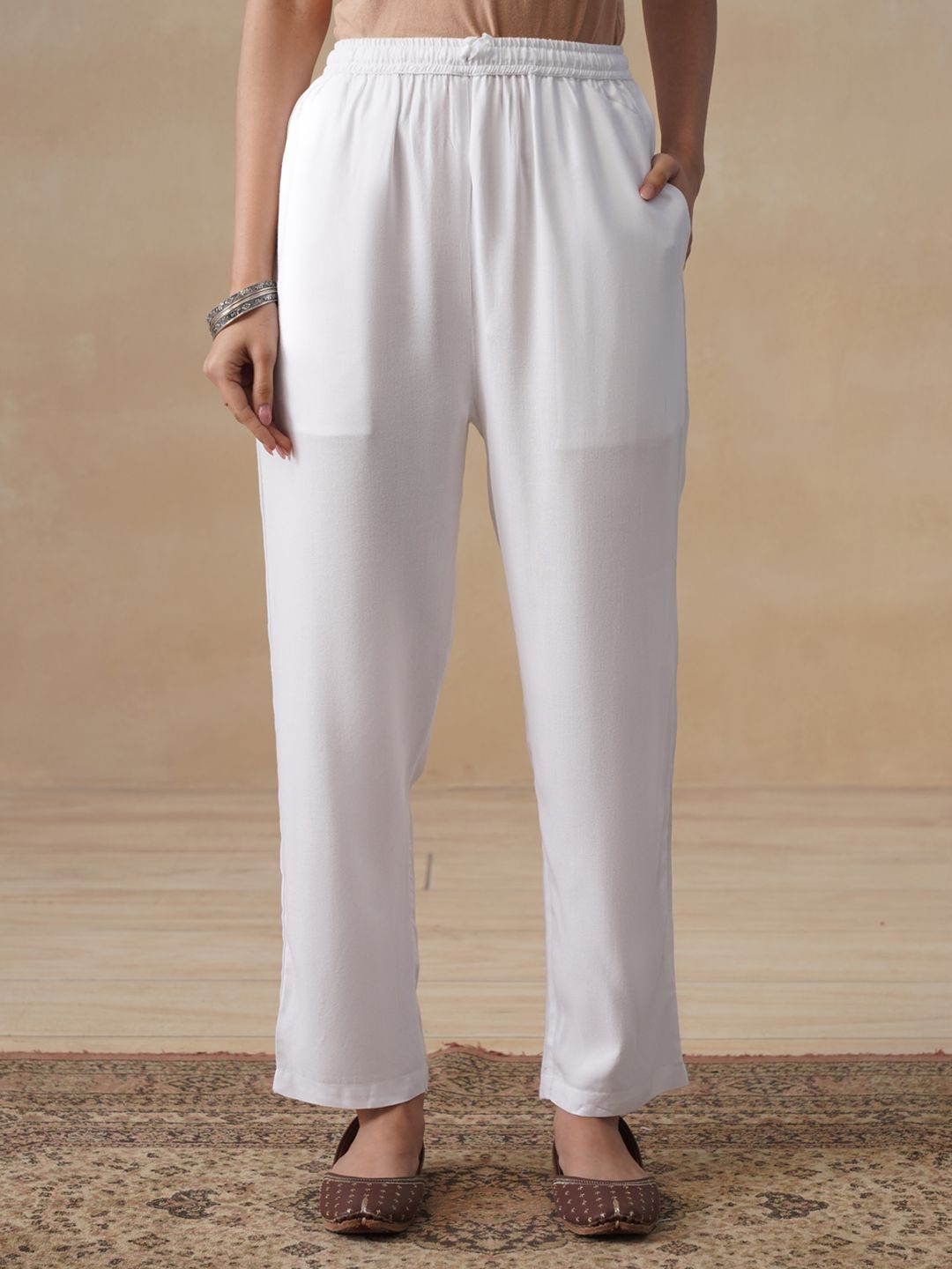 House of Chikankari Women White Rayon Solid Pant