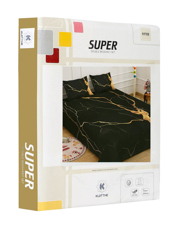 KLOTTHE Black Abstract Printed Fitted 300 TC King Bedsheet With 2 Pillow Cover