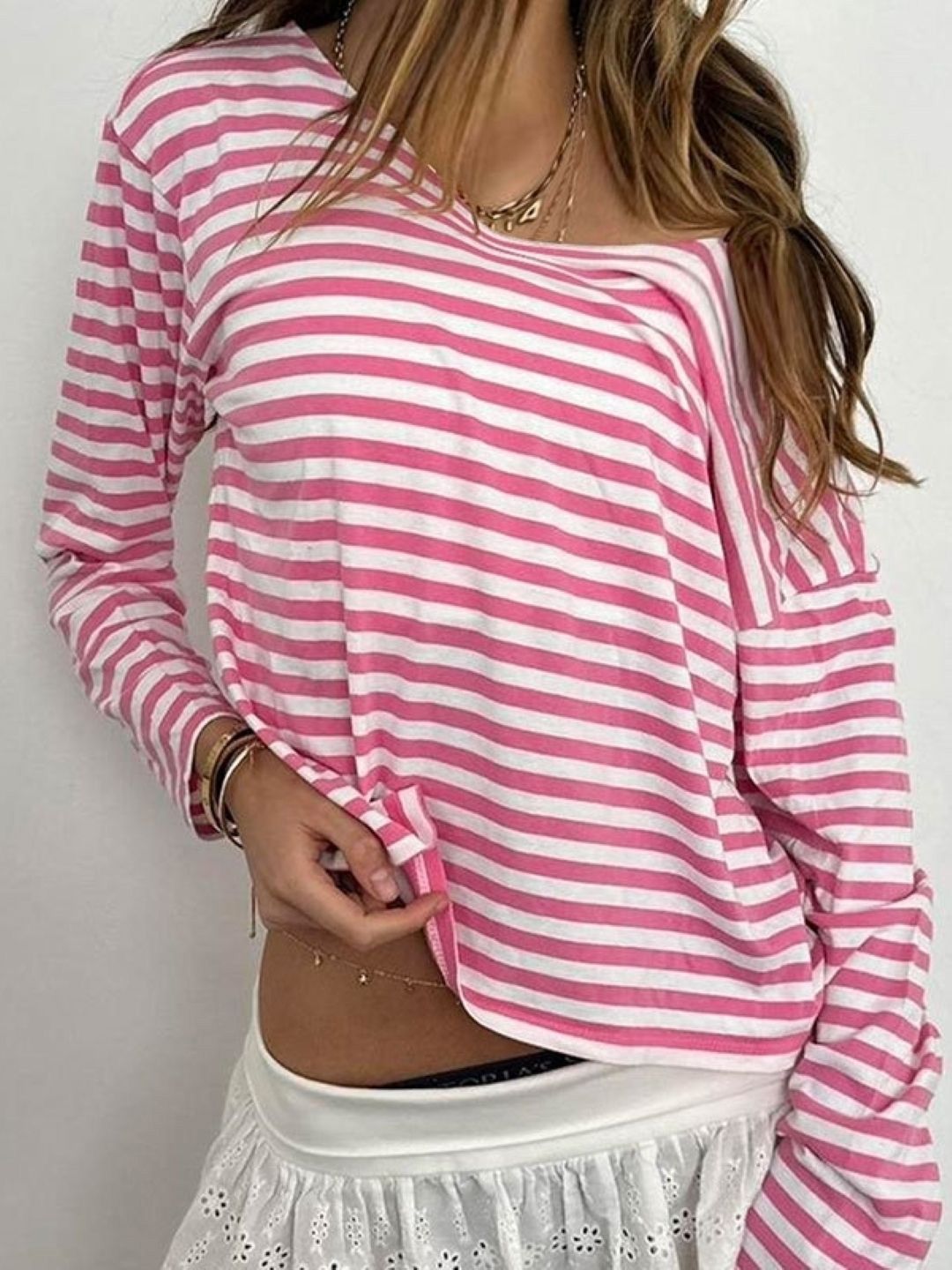 DressBerry Women Striped One Shoulder Long Sleeves Top