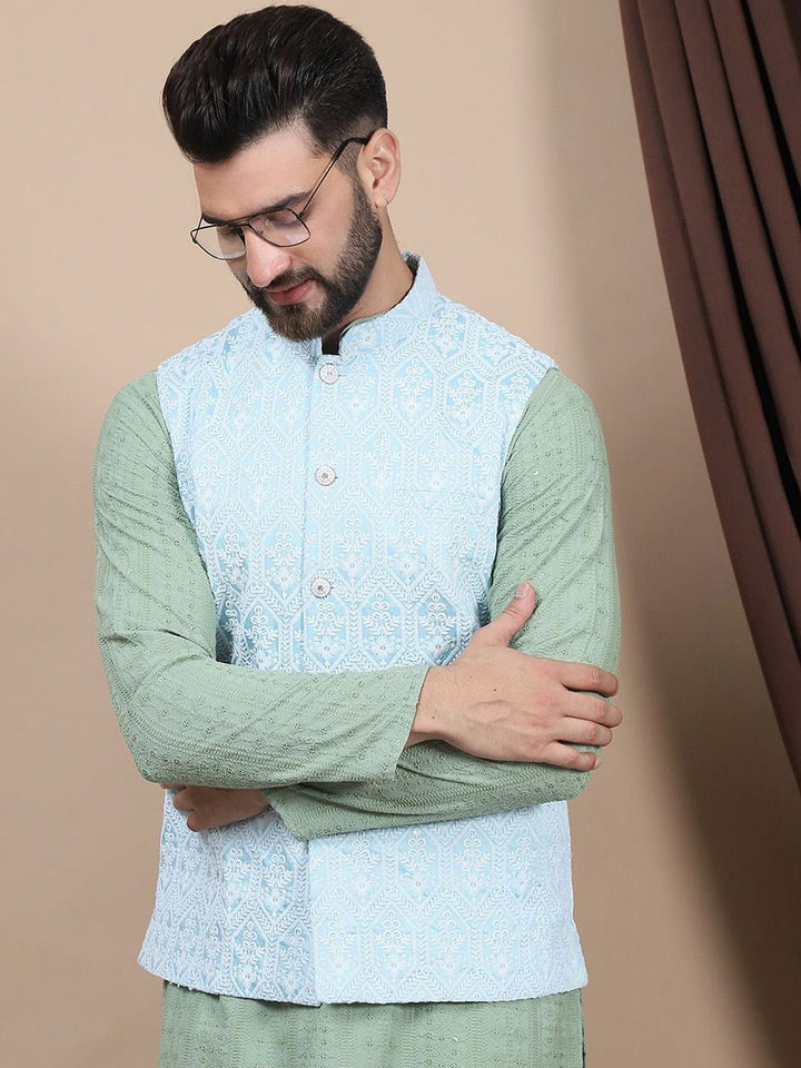 Anouk Blue Embroidered Straight Sequinned Pure Cotton Kurta with Churidar & Nehru Jacket