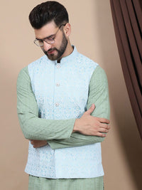 Anouk Blue Embroidered Straight Sequinned Pure Cotton Kurta with Churidar & Nehru Jacket
