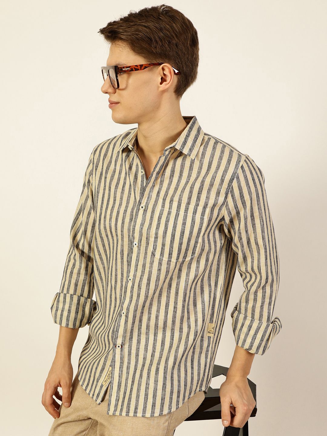 Thomas Scott Men Premium Vertical Striped Linen Slim Fit Casual Shirt