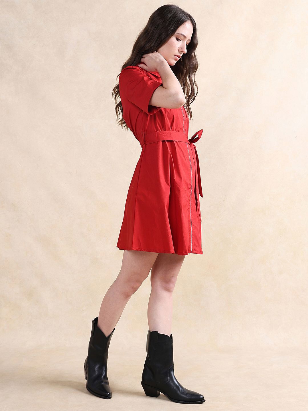 RAREISM Women Fit & Flare Mini Solid Cotton Dress