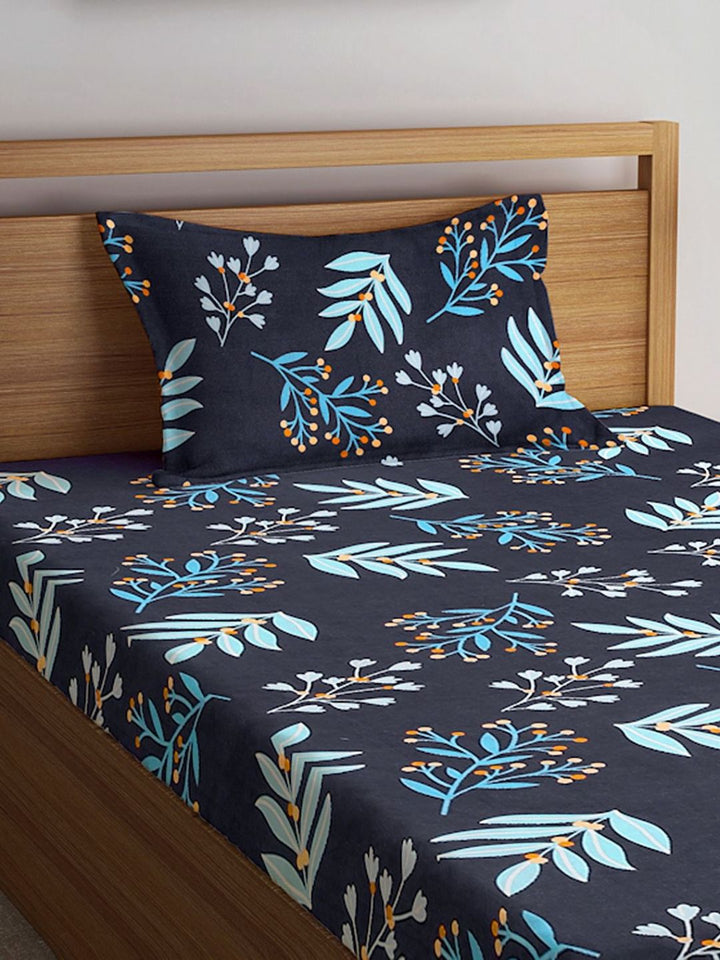 Myntra Elegant Homes Black Floral Cotton Breathable 300 TC Fitted Single Fine Bedsheet with a Pillow Cover-87 x 59 inches