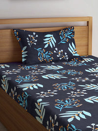 Myntra Elegant Homes Black Floral Cotton Breathable 300 TC Fitted Single Fine Bedsheet with a Pillow Cover-87 x 59 inches