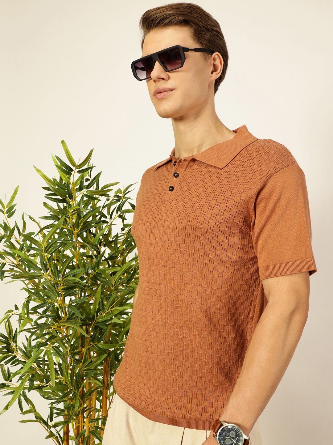 Thomas Scott Men Bio Finish Self Design Polo Collar Cotton T-shirt