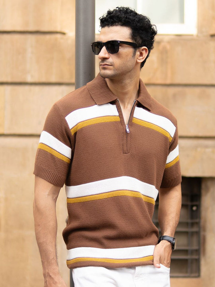 Powerlook SS25 Striped Polo Collar Polo Collar Pure Cotton T-Shirt