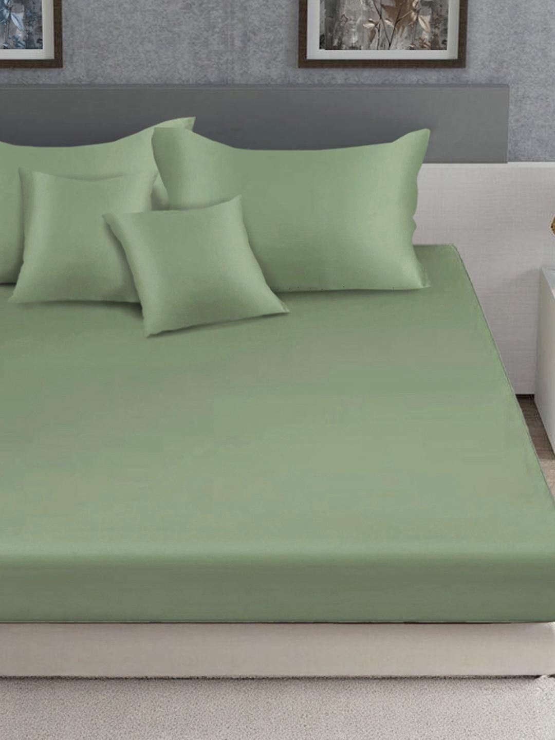 KLOTTHE Olive Green Flat 400TC Satin Super King Bedsheet With 2 Pillow Covers & 2 Cushion Covers