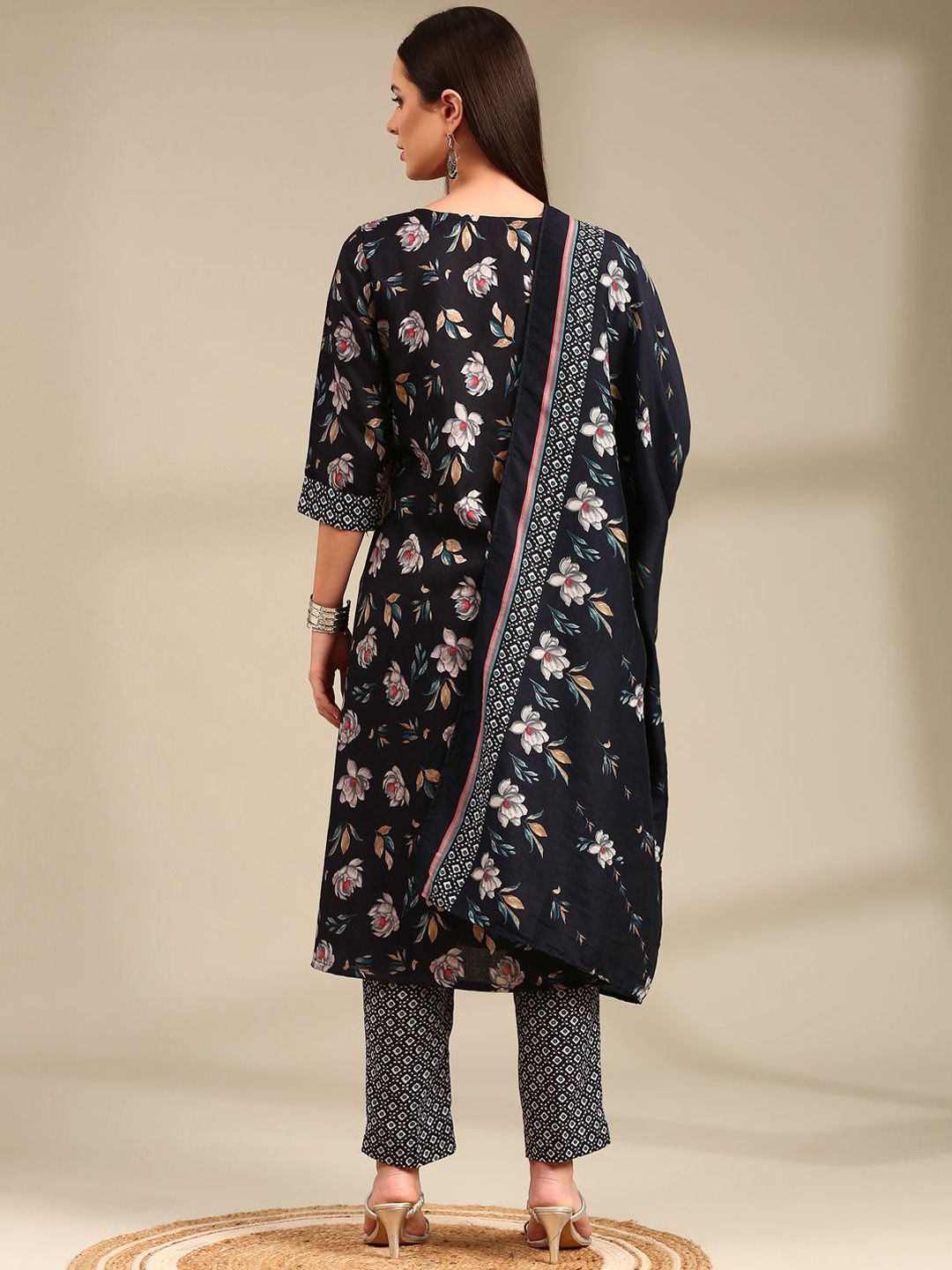 Anouk Navy Blue Floral Printed Notch Neck Straight Kurta with Trousers & Dupatta