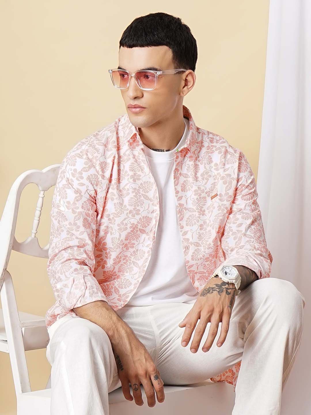 The Indian Garage Co Men White & Peach-Coloured Floral Printed Casual Shirt