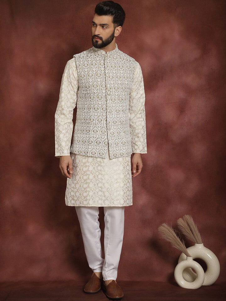 Anouk Floral Embroidered Regular Thread Work Kurta Churidar with Nehru jacket