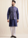 Anouk Geometric Printed Band Collar Straight Kurta With Pyjama And Nehru jacket
