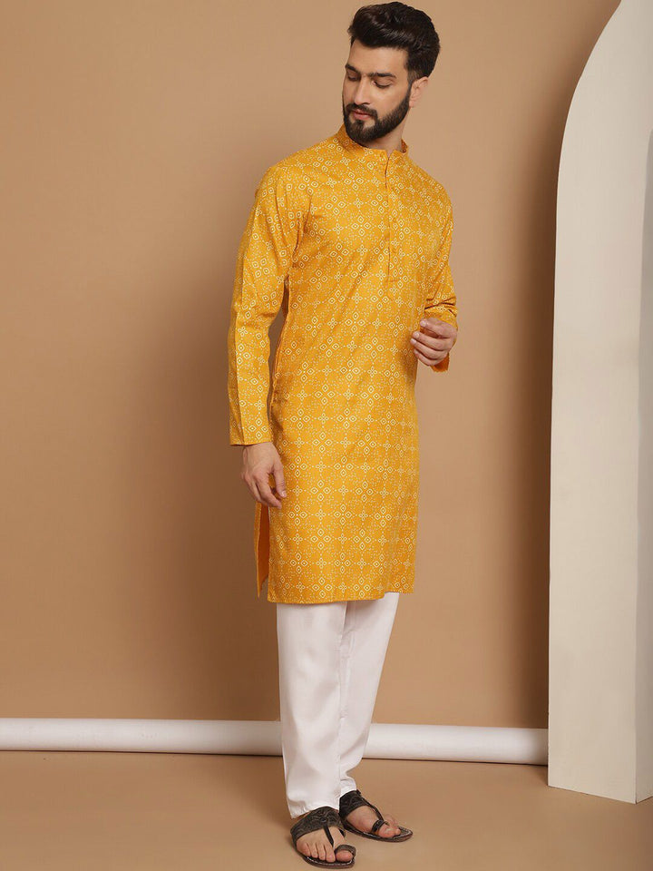 Anouk Mustard Yellow Floral Printed Mandarin Collar Straight Kurta With Churidar