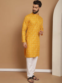 Anouk Mustard Yellow Floral Printed Mandarin Collar Straight Kurta With Churidar