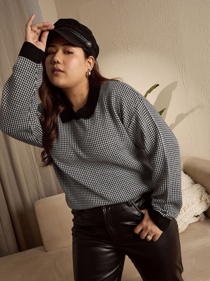 Berrylush Curve Women Printed Shirt Collar Pullover Sweater