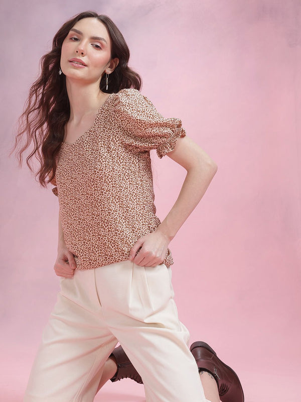 DressBerry Animal Print Sweetheart Neck Puff Sleeve Top