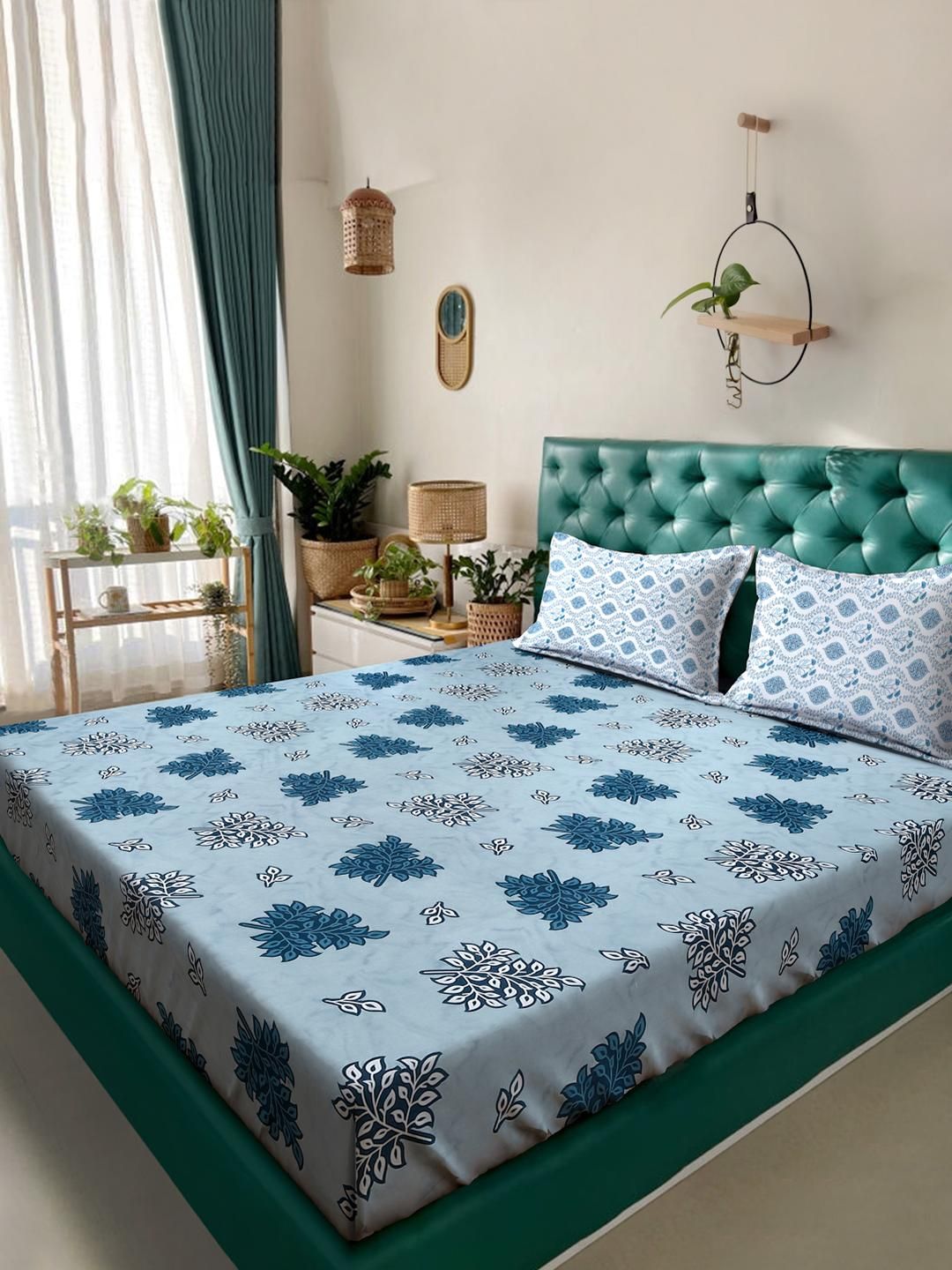 KLOTTHE Blue Floral 400 TC King Bedsheet with 2 Pillow Covers