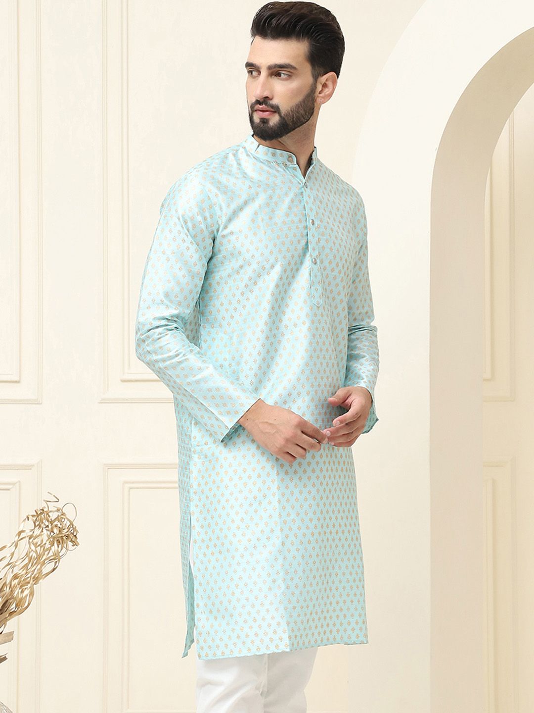 SOJANYA Ethnic Motifs Woven Design Band Collar Straight Kurta